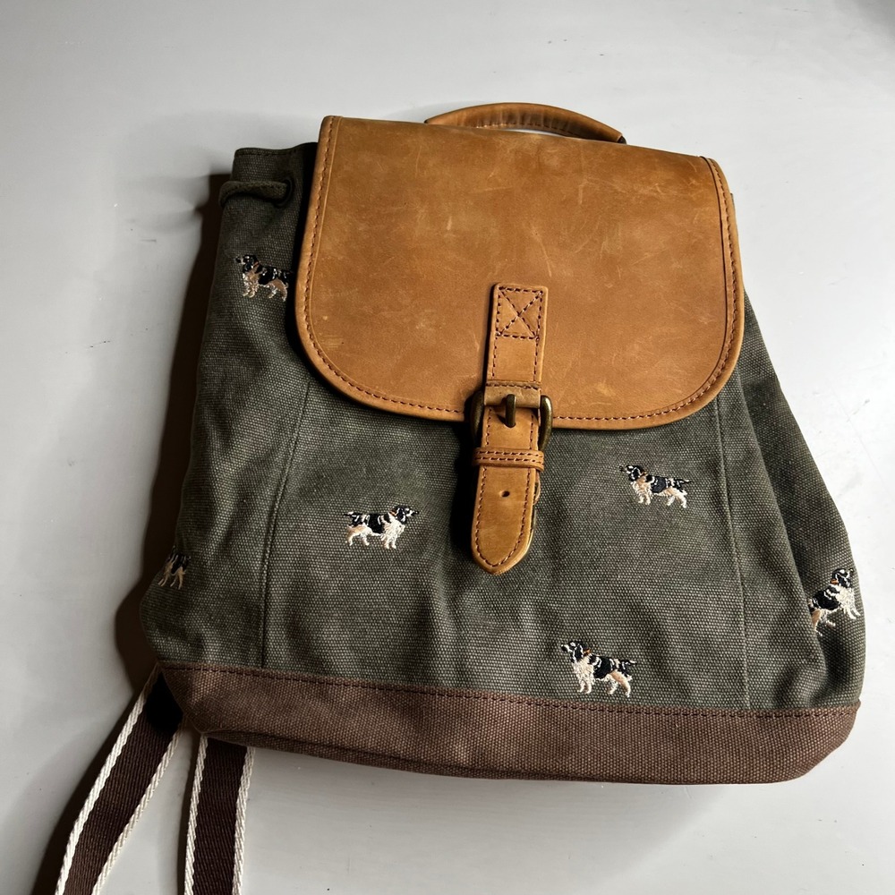 LL Bean Olive Canvas Dog Embroidered Rucksack Leather Flap Backpack Spaniel